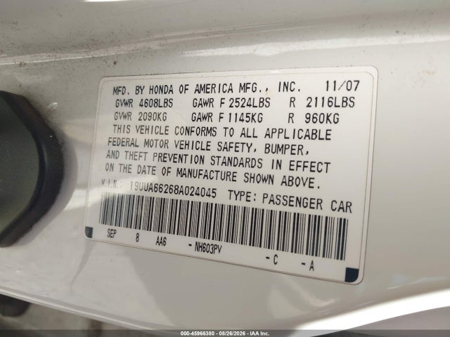 45966380 :رقم المزاد ، 19UUA66268A024045 vin ، 2008 Acura Tl 3.2 مزاد بيع