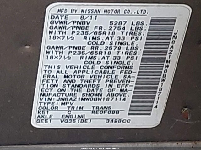45966382 :رقم المزاد ، JN8AZ1MW0BW187114 vin ، 2011 Nissan Murano Sv مزاد بيع