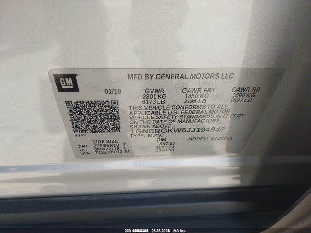 45966385 :رقم المزاد ، 1GNERGKW5JJ194842 vin ، 2018 Chevrolet Traverse 1lt مزاد بيع