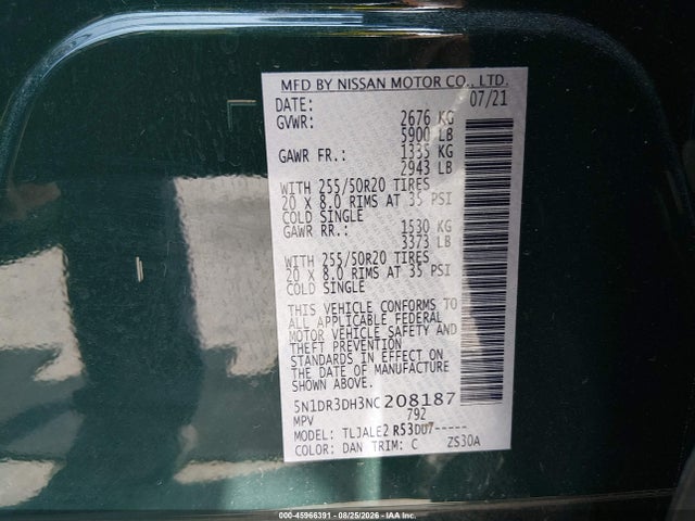 2022 Nissan Pathfinder Platinum 2wd მანქანა იყიდება აუქციონზე, vin: 5N1DR3DH3NC208187, აუქციონის ნომერი: 45966391