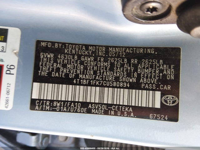 45966400 :رقم المزاد ، 4T1BF1FK7CU580894 vin ، 2012 Toyota Camry L مزاد بيع