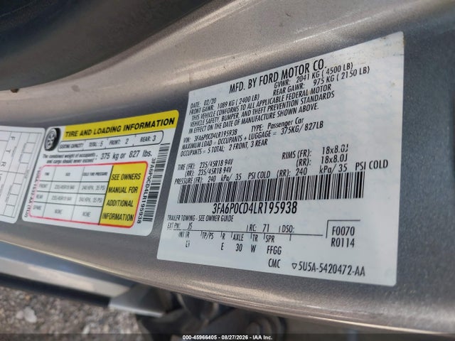Продажа на аукционе авто 2020 Ford Fusion Sel, vin: 3FA6P0CD4LR195938, номер лота: 45966405