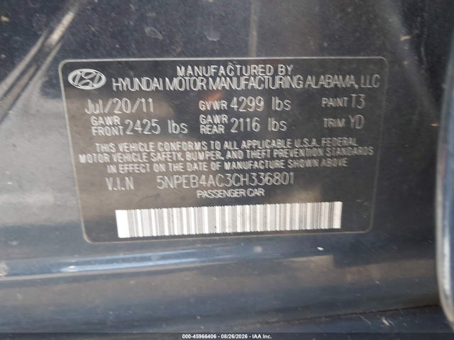 2012 Hyundai Sonata Gls მანქანა იყიდება აუქციონზე, vin: 5NPEB4AC3CH336801, აუქციონის ნომერი: 45966406