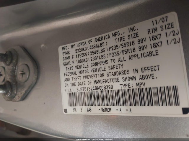 2008 Acura Rdx მანქანა იყიდება აუქციონზე, vin: 5J8TB18248A008399, აუქციონის ნომერი: 45966407