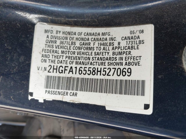 45966408 :رقم المزاد ، 2HGFA16558H527069 vin ، 2008 Honda Civic Lx مزاد بيع