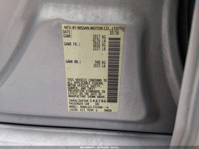Продажа на аукционе авто 2017 Nissan Altima 2.5 S, vin: 1N4AL3AP2HC144786, номер лота: 45966415