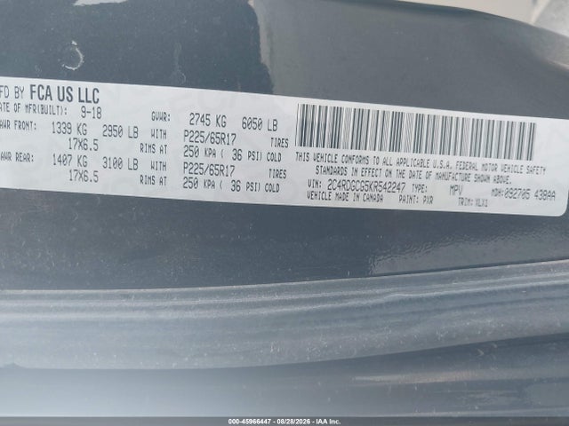 Продаж на аукціоні авто 2019 Dodge Grand Caravan Sxt, vin: 2C4RDGCG5KR542247, номер лоту: 45966447