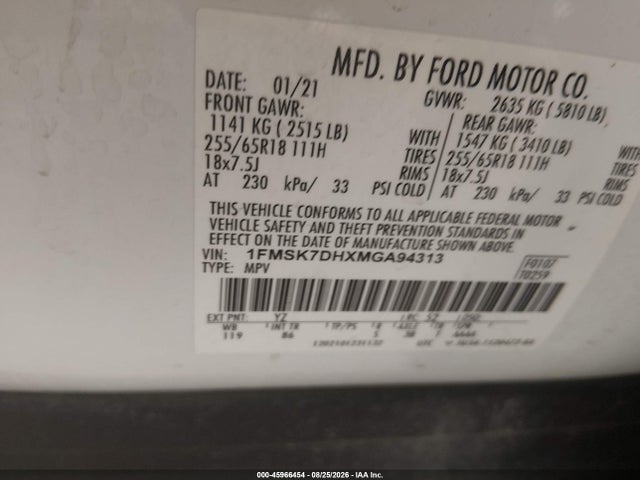 Продаж на аукціоні авто 2021 Ford Explorer Xlt, vin: 1FMSK7DHXMGA94313, номер лоту: 45966454