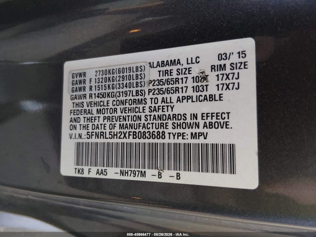 45966477 :رقم المزاد ، 5FNRL5H2XFB083688 vin ، 2015 Honda Odyssey Lx مزاد بيع