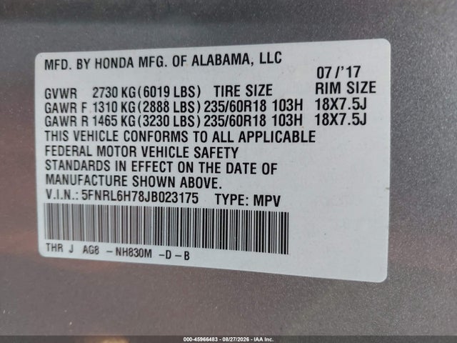 Aukcja sprzedaży 2018 Honda Odyssey Ex-l, vin: 5FNRL6H78JB023175, numer aukcji: 45966483