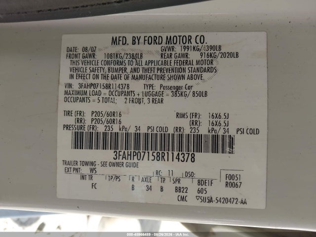 45966489 :رقم المزاد ، 3FAHP07158R114378 vin ، 2008 Ford Fusion Se مزاد بيع