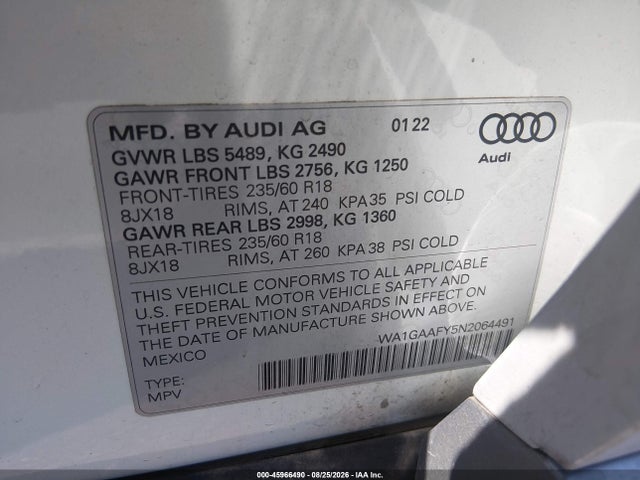 45966490 :رقم المزاد ، WA1GAAFY5N2064491 vin ، 2022 Audi Q5 Premium 45 Tfsi S Line Quattro S Tronic مزاد بيع
