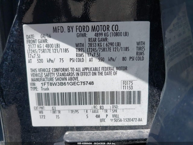 2016 Ford F-350 Xl მანქანა იყიდება აუქციონზე, vin: 1FT8W3B61GEC75748, აუქციონის ნომერი: 45966494