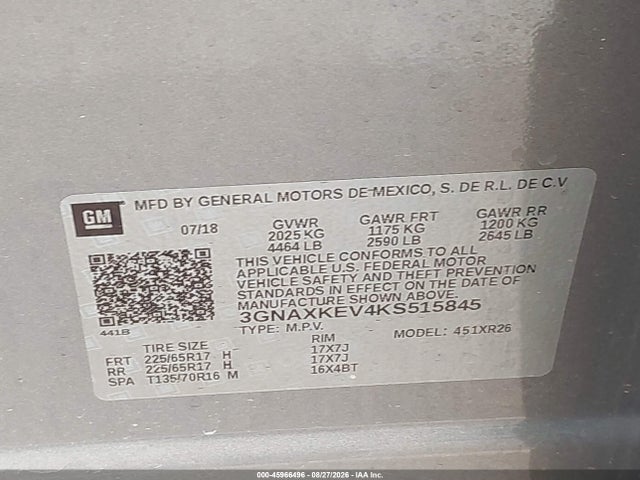 Продажа на аукционе авто 2019 Chevrolet Equinox Lt, vin: 3GNAXKEV4KS515845, номер лота: 45966496