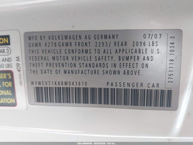 Продажа на аукционе авто 2008 Volkswagen Gti 2-door, vin: WVWEV71K88W043610, номер лота: 45966498