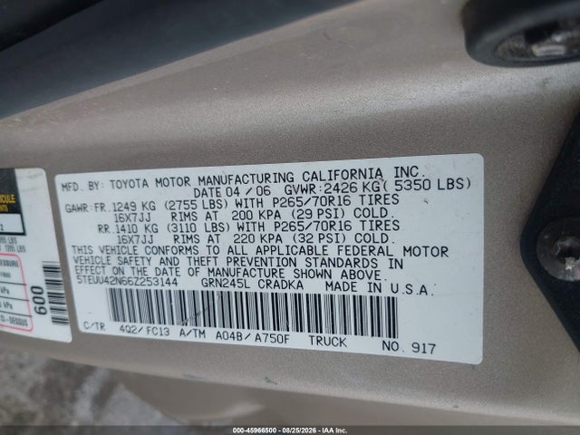 2006 Toyota Tacoma Base V6 მანქანა იყიდება აუქციონზე, vin: 5TEUU42N66Z253144, აუქციონის ნომერი: 45966500