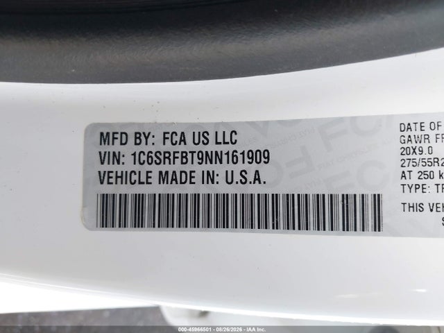 2022 Ram 1500 მანქანა იყიდება აუქციონზე, vin: 1C6SRFBT9NN161909, აუქციონის ნომერი: 45966501