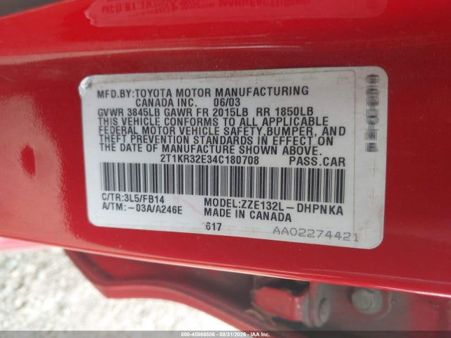 Aukcja sprzedaży 2004 Toyota Matrix Xr, vin: 2T1KR32E34C180708, numer aukcji: 45966506