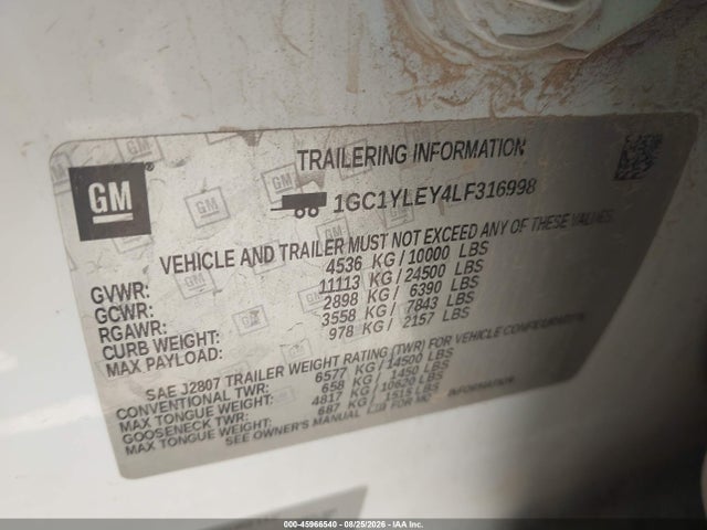 45966540 :رقم المزاد ، 1GC1YLEY4LF316998 vin ، 2020 Chevrolet Silverado 2500hd 4wd  Long Bed Wt مزاد بيع