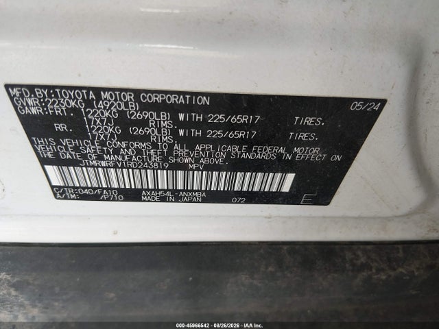 2024 Toyota Rav4 Hybrid Xle მანქანა იყიდება აუქციონზე, vin: JTMRWRFV1RD243819, აუქციონის ნომერი: 45966542