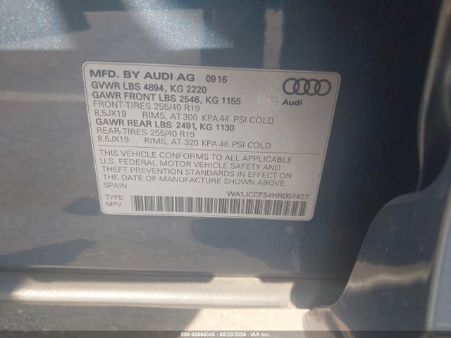 2017 Audi Q3 2.0t Premium მანქანა იყიდება აუქციონზე, vin: WA1JCCFS4HR007427, აუქციონის ნომერი: 45966545