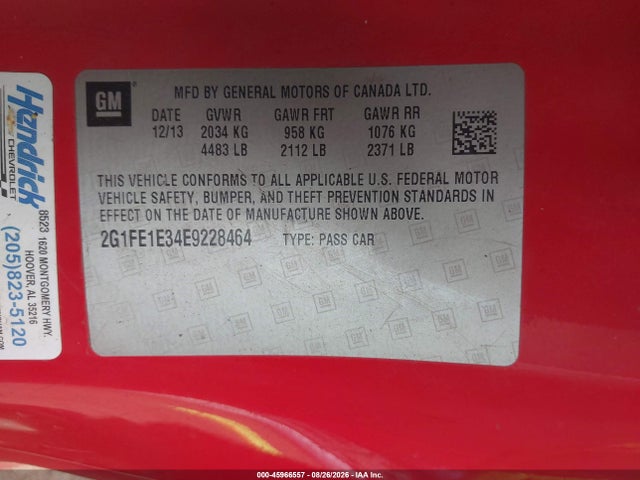45966557 :رقم المزاد ، 2G1FE1E34E9228464 vin ، 2014 Chevrolet Camaro 1ls مزاد بيع
