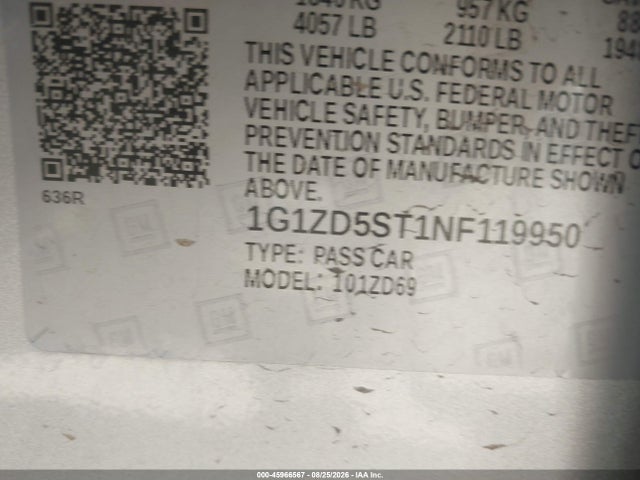 45966567 :رقم المزاد ، 1G1ZD5ST1NF119950 vin ، 2022 Chevrolet Malibu Fwd Lt مزاد بيع