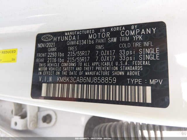 2022 Hyundai Kona Sel მანქანა იყიდება აუქციონზე, vin: KM8K3CAB6NU858859, აუქციონის ნომერი: 45966571