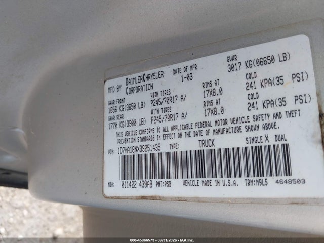 45966573 :رقم المزاد ، 1D7HA18NX3S251435 vin ، 2003 Dodge Ram 1500 Slt/laramie/st مزاد بيع