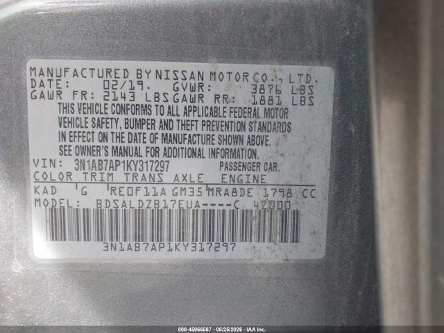 Продажа на аукционе авто 2019 Nissan Sentra Sv, vin: 3N1AB7AP1KY317297, номер лота: 45966587