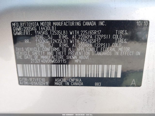 45966591 :رقم المزاد ، 2T3ZF4DV0BW059115 vin ، 2011 Toyota Rav4 مزاد بيع