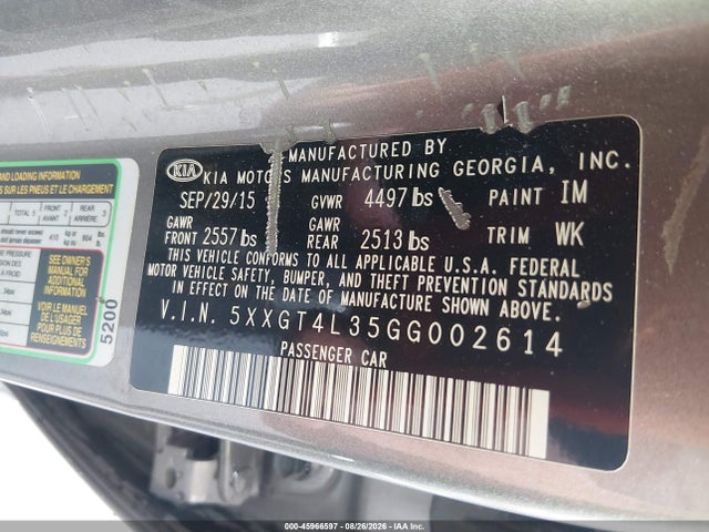 Aukcja sprzedaży 2016 Kia Optima Lx, vin: 5XXGT4L35GG002614, numer aukcji: 45966597