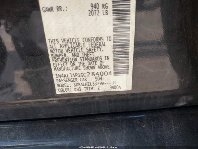 Auction sale of the 2016 Nissan Altima 2.5 Sr, vin: 1N4AL3AP1GC284004, lot number: 45966599