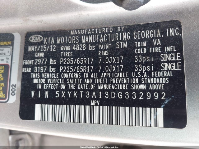 Продаж на аукціоні авто 2013 Kia Sorento Lx, vin: 5XYKT3A13DG332992, номер лоту: 45966604