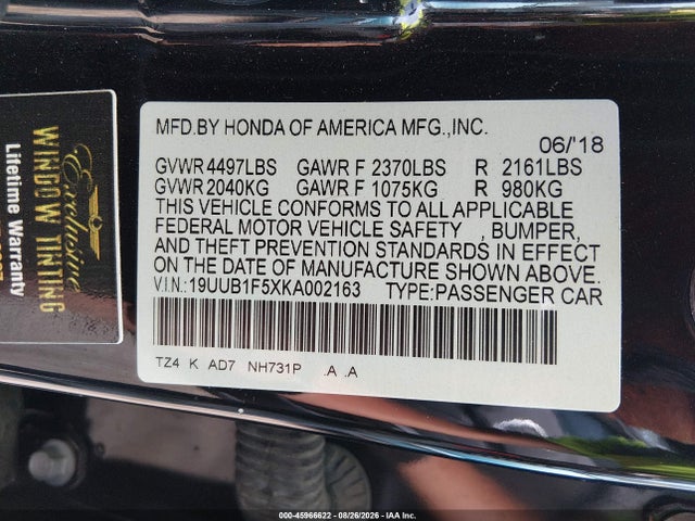 45966622 :رقم المزاد ، 19UUB1F5XKA002163 vin ، 2019 Acura Tlx Technology Pkg مزاد بيع