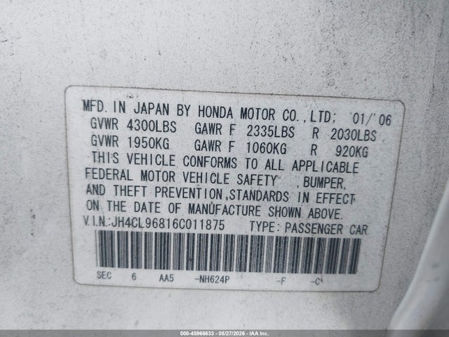 Aukcja sprzedaży 2006 Acura Tsx, vin: JH4CL96816C011875, numer aukcji: 45966633