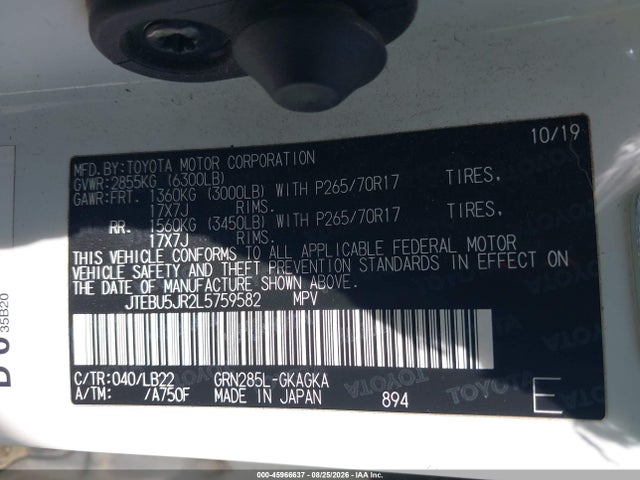 Aukcja sprzedaży 2020 Toyota 4runner Sr5 Premium, vin: JTEBU5JR2L5759582, numer aukcji: 45966637