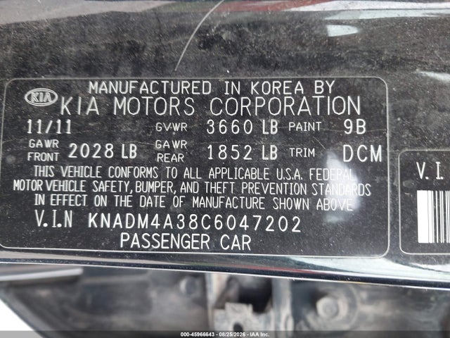 Продаж на аукціоні авто 2012 Kia Rio Lx, vin: KNADM4A38C6047202, номер лоту: 45966643