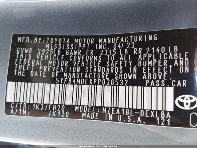 Aukcja sprzedaży 2023 Toyota Corolla Le, vin: 5YFB4MDEXPP036532, numer aukcji: 45966646