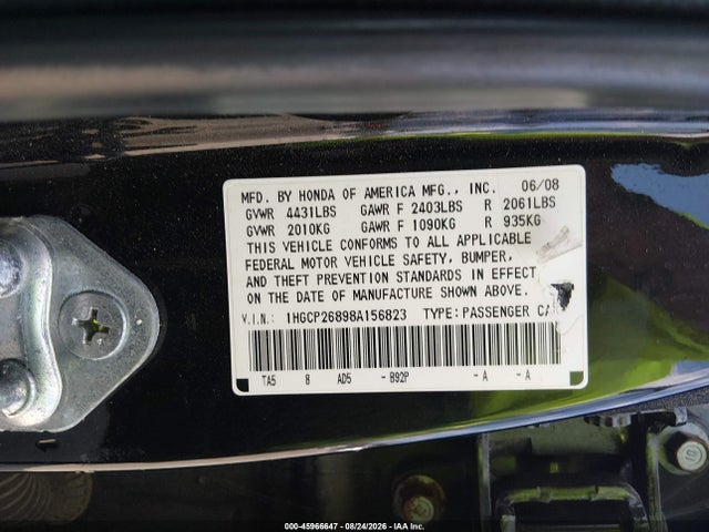Aukcja sprzedaży 2008 Honda Accord 2.4 Ex-l, vin: 1HGCP26898A156823, numer aukcji: 45966647
