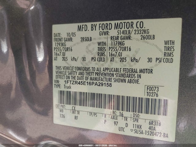 45966651 :رقم المزاد ، 1FTZR45E16PA29158 vin ، 2006 Ford Ranger Fx4 Level Ii/fx4 Off-road/sport/xlt مزاد بيع