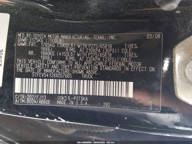 45966696 :رقم المزاد ، 5TFEV54128X057665 vin ، 2008 Toyota Tundra Sr5 5.7l V8 مزاد بيع