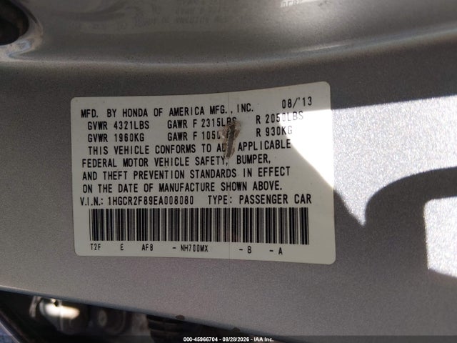 Aukcja sprzedaży 2014 Honda Accord Ex-l, vin: 1HGCR2F89EA008080, numer aukcji: 45966704