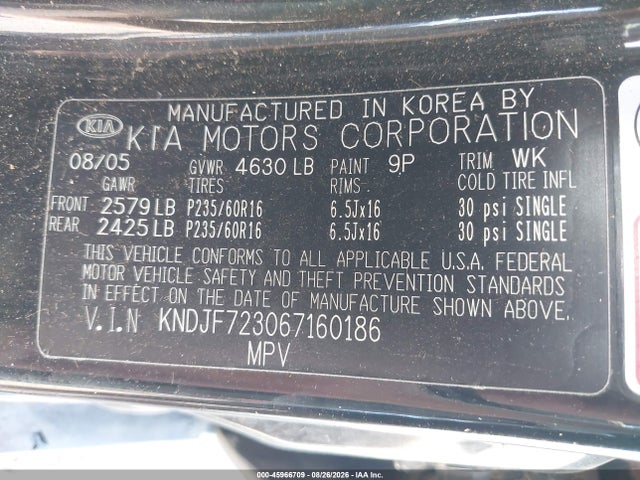 45966709 :رقم المزاد ، KNDJF723067160186 vin ، 2006 Kia Sportage Ex V6/lx V6 مزاد بيع
