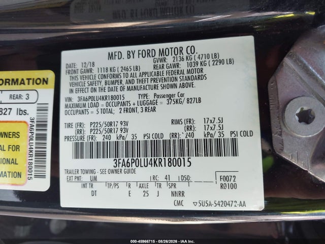 Aukcja sprzedaży 2019 Ford Fusion Hybrid Se, vin: 3FA6P0LU4KR180015, numer aukcji: 45966715