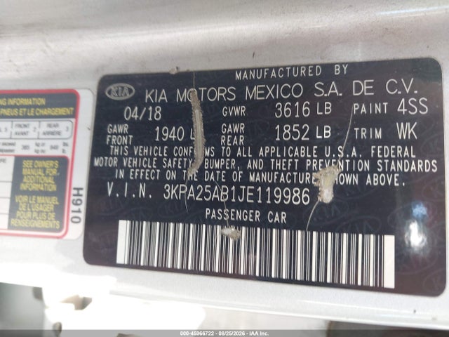 2018 Kia Rio Lx მანქანა იყიდება აუქციონზე, vin: 3KPA25AB1JE119986, აუქციონის ნომერი: 45966722