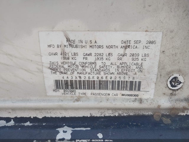 2006 Mitsubishi Galant De მანქანა იყიდება აუქციონზე, vin: 4A3AB26F06E025978, აუქციონის ნომერი: 45966737