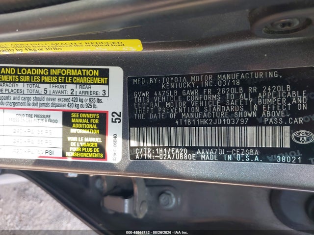 45966742 :رقم المزاد ، 4T1B11HK2JU103797 vin ، 2018 Toyota Camry Se مزاد بيع
