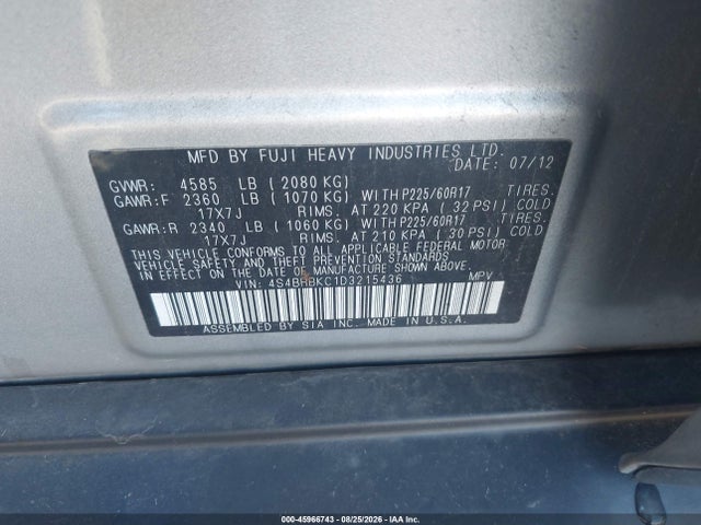 45966743 :رقم المزاد ، 4S4BRBKC1D3215436 vin ، 2013 Subaru Outback 2.5i Limited مزاد بيع