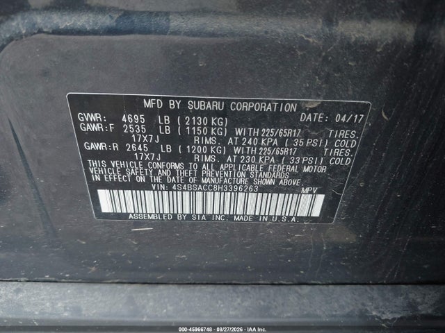 Aukcja sprzedaży 2017 Subaru Outback 2.5i Premium, vin: 4S4BSACC8H3396263, numer aukcji: 45966748